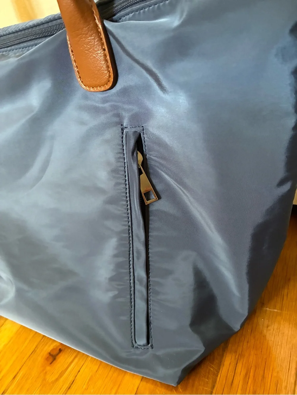 Navy Tote Bag with Brown Handles - Classic Women's Shoulder Bag
